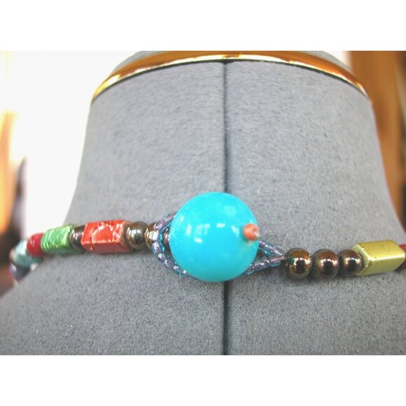 Colorful Beaded Necklace With Large Turquoise Bead Accent 16" - Picture 5 of 5
